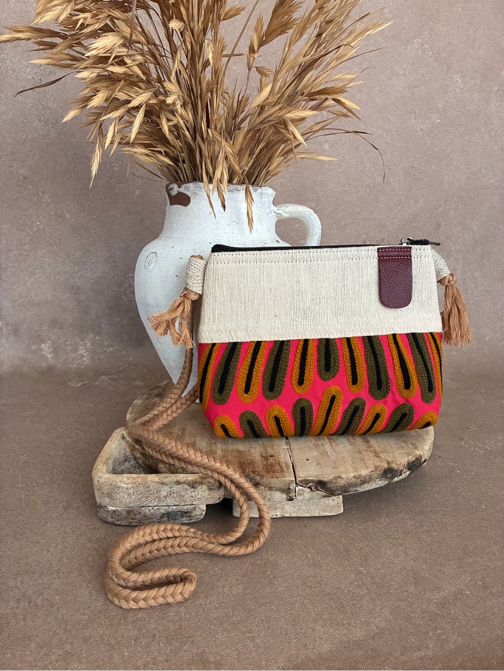 Crossbody Purse - Pink & Cream Handwoven Multicolor Patterned